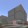 Modern Office Building With Glass Curtain Walls Landscaping Water Pool And Trees