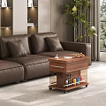 Brown Leather Sofa With Plush Pillows And Wooden Coffee Table On Wheels In Living Room