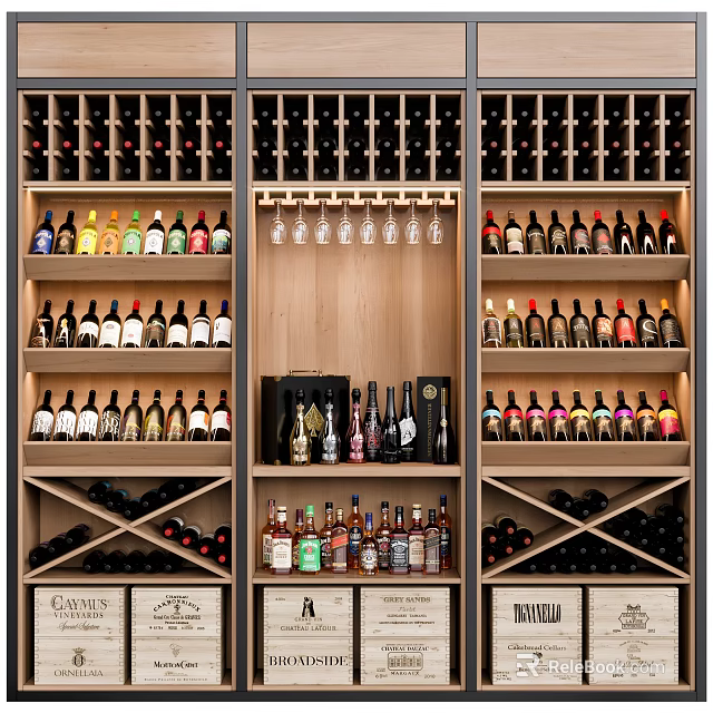 Luxurious Wine Cabinet with Various Wine Bottles Hanging Glasses and Branded Liquor Shelves 3d model 