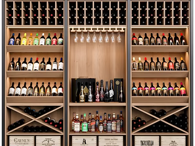 Luxurious Wine Cabinet with Various Wine Bottles Hanging Glasses and Branded Liquor Shelves 3d model