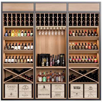 Luxurious Wine Cabinet with Various Wine Bottles Hanging Glasses and Branded Liquor Shelves 3d model