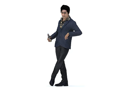 Man in Dark Blue Jacket Black Pants Holding Phone Standing on One Leg Leaning Slightly 3d model