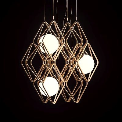 Modern Geometric Chandelier With Diamond Shaped Metal Frames And White Spherical Bulbs 3d model