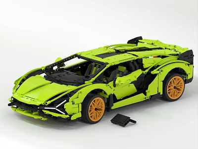 Green Building Blocks Luxury Sports Car Model With Orange Wheels And Detailed Design 3d model