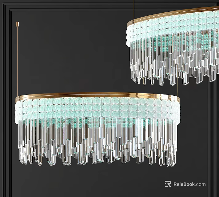 Two Modern Gold Rimmed Crystal Chandeliers With Clear Hanging Pendants In Dark Interior 3d model 