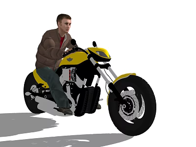 A Man Riding A Yellow Motorcycle With Black Wheels And Sleek Body Design 3d model