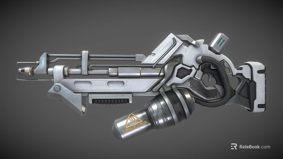 3D Rendered Sci-Fi Gun Featuring Silver Metallic Texture Complex Mechanical Structure And Yellow Triangle Symbol 3d model 