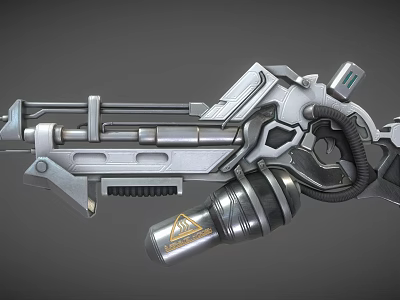3D Rendered Sci-Fi Gun Featuring Silver Metallic Texture Complex Mechanical Structure And Yellow Triangle Symbol 3d model