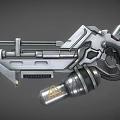 3D Rendered Sci-Fi Gun Featuring Silver Metallic Texture Complex Mechanical Structure And Yellow Triangle Symbol