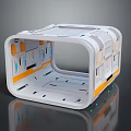 Cartoon Scene Featuring Futuristic White Square Frame With Orange Blue Accents Hollow Center Shiny Base