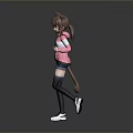 Woman With Cat Ears In Pink Hoodie Shorts Black Thigh High Socks Sneakers Gray Background