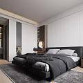 Modern Bedroom Interior With Black Leather Bed Gray Bedding White Cabinets And Wooden Panels