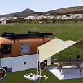 Cozy Camping Tent Setup With Retro Camper Van And Picnic Table On Green Grassland