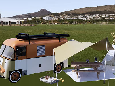 Cozy Camping Tent Setup With Retro Camper Van And Picnic Table On Green Grassland 3d model
