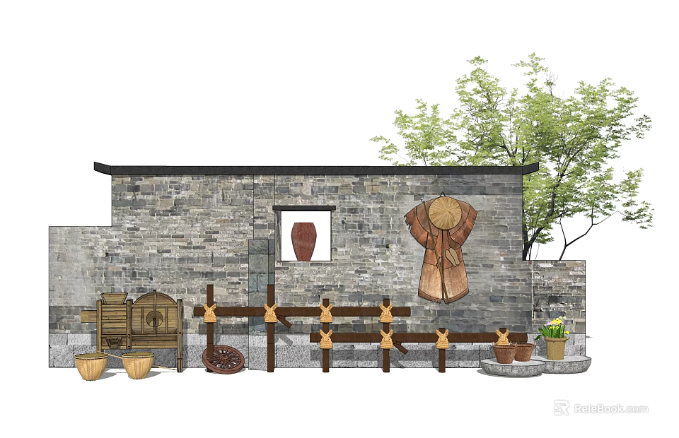 Rustic Stone Scenic Wall with Straw Raincoat Bamboo Hat Earthen Pot Mill and Trees 3d model