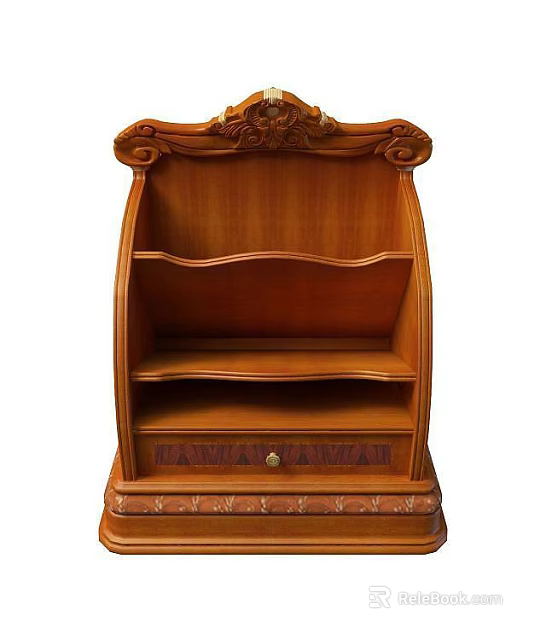 Elegant Wooden Storage Cabinet with Multiple Shelves a Drawer and Carved Top Decoration 3d model 