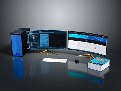 Modern Desktop Computer Setup With Dual Monitors Golden Stand Blue Tower Keyboard Mouse Book 3d model