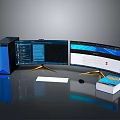 Modern Desktop Computer Setup With Dual Monitors Golden Stand Blue Tower Keyboard Mouse Book