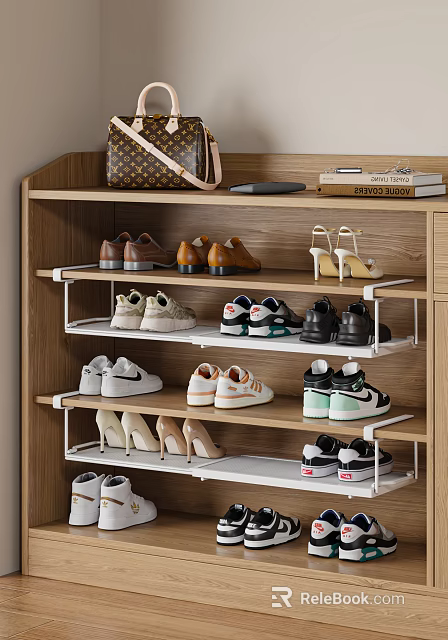 Wooden Shoe Cabinet with Multiple Shelves for Storing Shoes Including Leather Sneakers and High Heels 3d model 