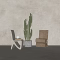 Modern Light Gray And Brown Stackable Dining Chairs With Tall Cactus In Gray Pot