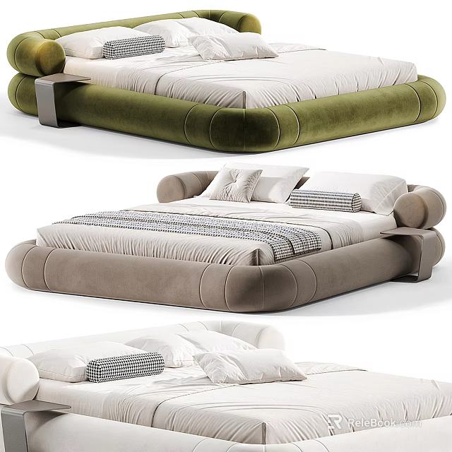 Modern Upholstered Double Bed With Rounded Edges Soft Padding And Multicolor Design 3d model