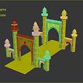 Red Symmetrical Gate Structure With Towers Arches And Road Base