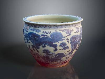 Blue And White Ceramic Jar With Lion Pattern For Home Decoration 3d model