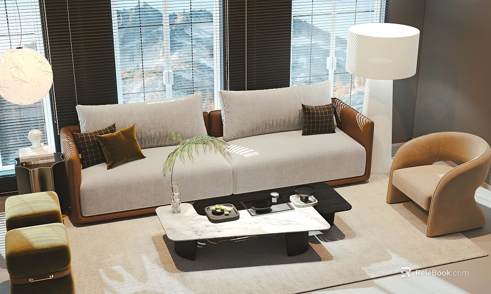 Modern Sofa Coffee Table Set With Cushions Marble Top And Floor Lamp 3d model 