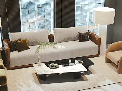 Modern Sofa Coffee Table Set With Cushions Marble Top And Floor Lamp 3d model