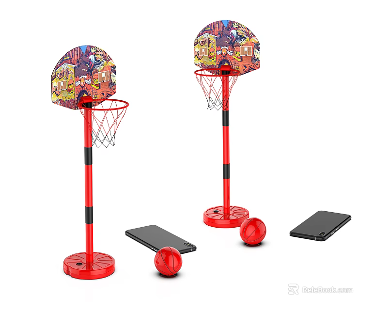 Kids Portable Basketball Hoop Set With Colorful Backboards Red Poles And Red Balls 3d model 