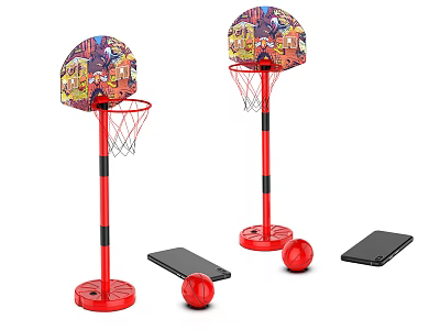 Kids Portable Basketball Hoop Set With Colorful Backboards Red Poles And Red Balls 3d model