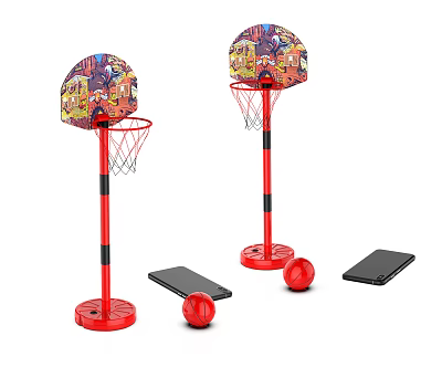 Kids Portable Basketball Hoop Set With Colorful Backboards Red Poles And Red Balls 3d model
