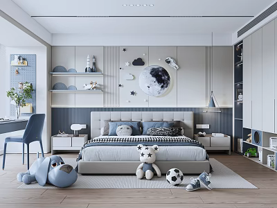 Kids Study Room with Desk Chair Shelves Stuffed Toys Moon Cloud Decor and Soccer Ball 3d model