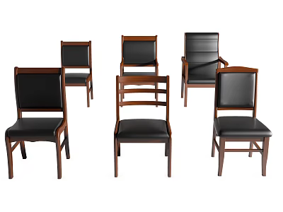 Multiple Design Office Chairs Featuring Wooden Frame And Black Leather Seats 3d model