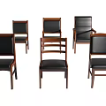 Multiple Design Office Chairs Featuring Wooden Frame And Black Leather Seats 3d model