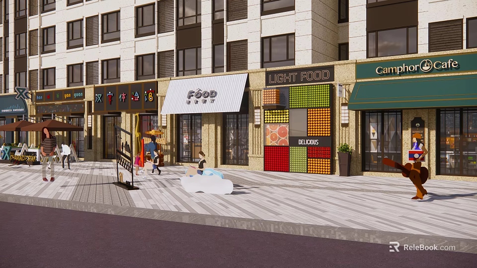 Vibrant Commercial Street with Multi Story Buildings Various Shops Pedestrians And Paved Plaza Area 3d model 