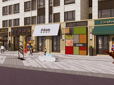 Vibrant Commercial Street with Multi Story Buildings Various Shops Pedestrians And Paved Plaza Area 3d model