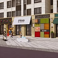 Vibrant Commercial Street with Multi Story Buildings Various Shops Pedestrians And Paved Plaza Area