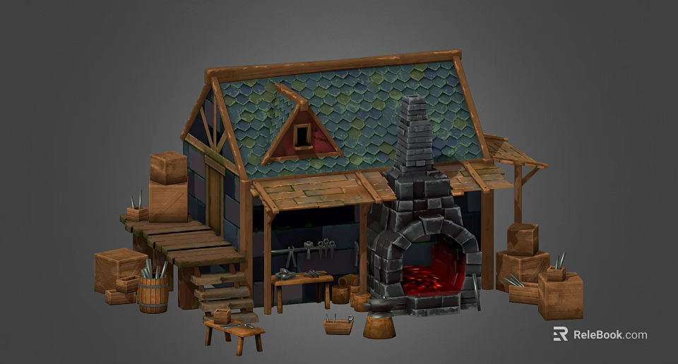 Cartoon Style Cottage With Green Tiled Roof Chimney Wooden Structure Steps Tools Barrels And Workbench 3d model 