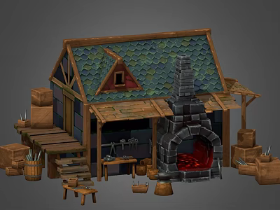 Cartoon Style Cottage With Green Tiled Roof Chimney Wooden Structure Steps Tools Barrels And Workbench 3d model