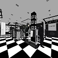 Modern Clothing Store Interior With Clothing Racks Display Tables And Black White Checkered Floor