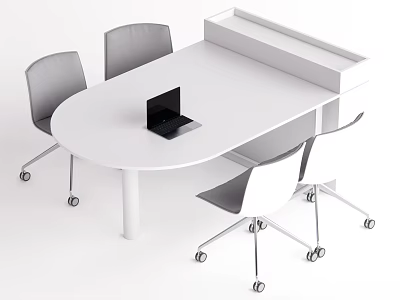 White Oval Office Desk With Black Laptop And Four Gray Rolling Chairs 3d model