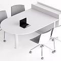 White Oval Office Desk With Black Laptop And Four Gray Rolling Chairs