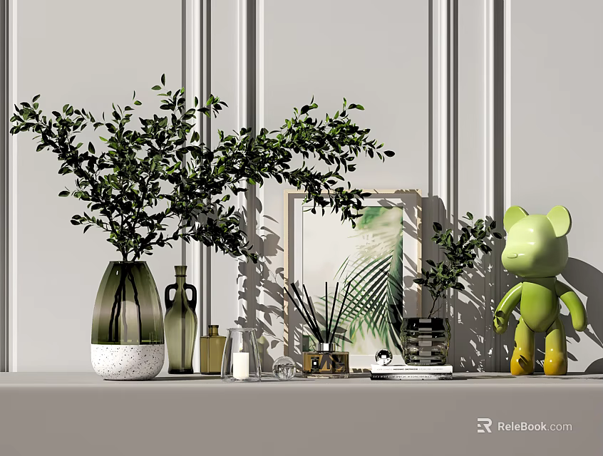 Modern Decorative Ornament Set With Green Plants Vases Artwork And Figurine 3d model 