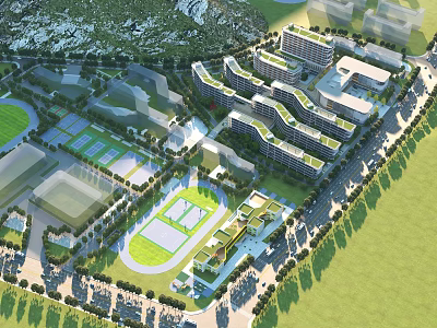 Modern School Campus Buildings With Sports Fields And Green Landscaped Areas 3d model