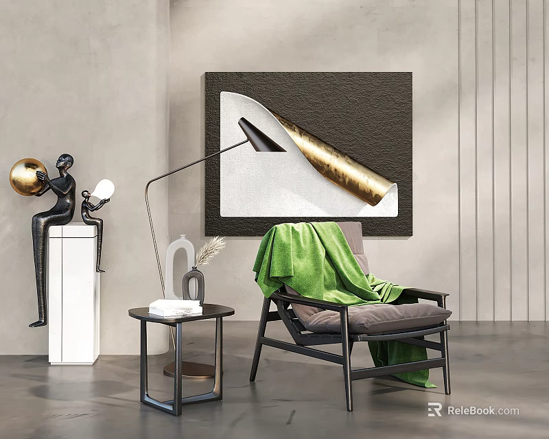 Accent Chair With Green Blanket Side Table And Floor Lamp In Modern Interior With Wall Artwork 3d model 