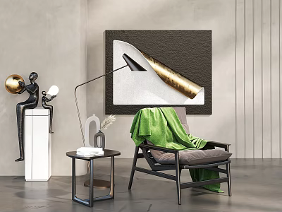 Accent Chair With Green Blanket Side Table And Floor Lamp In Modern Interior With Wall Artwork 3d model