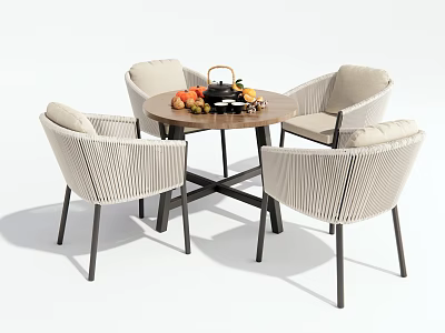 Modern Outdoor Table with Four Woven Chairs and Fruits Tea Set on Top 3d model