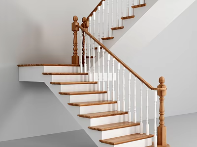 Modern Indoor Staircase With Wooden Steps White Balusters And Wooden Handrail 3d model