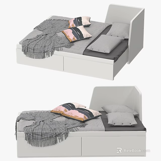 Modern Double Bed With White Frame Storage Drawers Soft Blanket And Decorative Pillows 3d model